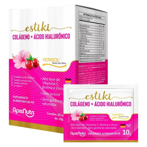 Estiki Colágeno + Ácido Hialurônico Display (20 sachês 10g) - Sabor: Cranberry com Hibisco