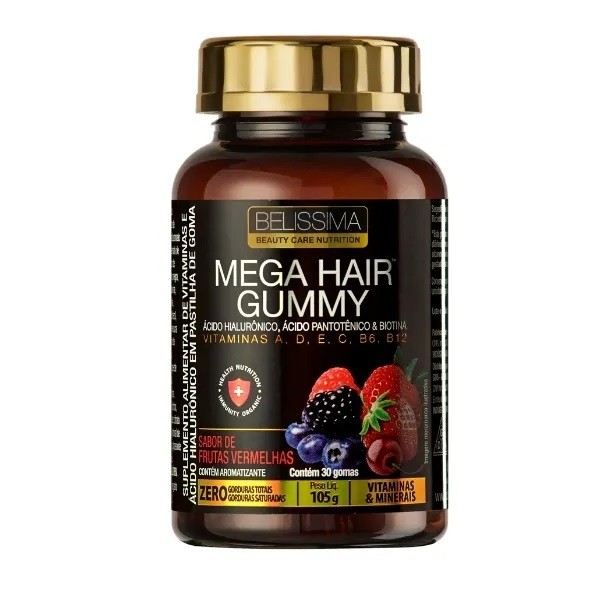 Mega Hair Gummy (30 gomas) - Sabor: Frutas Vermelhas.